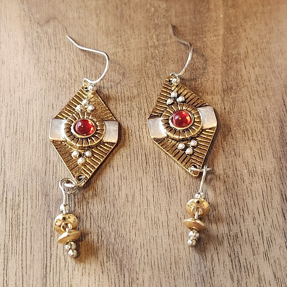 Mixed Metal Geometric‎ Red Cabochon Dangle Earrings Southwestern Shield Boho